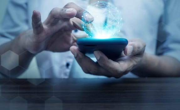 Global internet connection application and technology digital marketing, Financial and banking, Businessman using smart phone mobile on blurred background