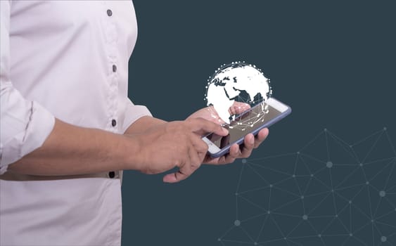 Global internet connection application and technology digital marketing, Financial and banking, Businessman using smart phone mobile on blurred background