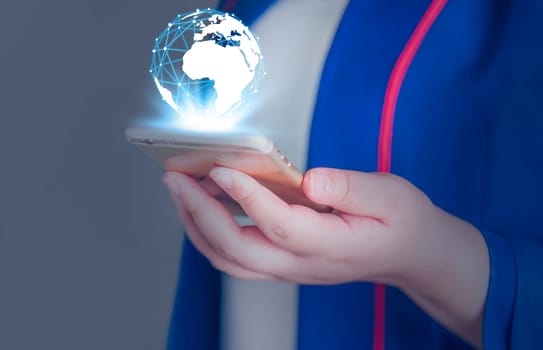 Global internet connection application and technology digital marketing, Financial and banking, Business women using smart phone mobile on blurred background