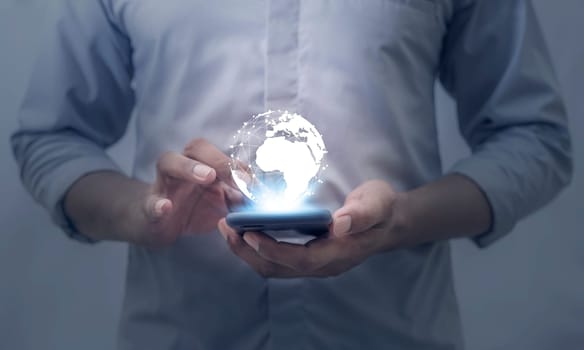 Global internet connection application and technology digital marketing, Financial and banking, Businessman using smart phone mobile on blurred background
