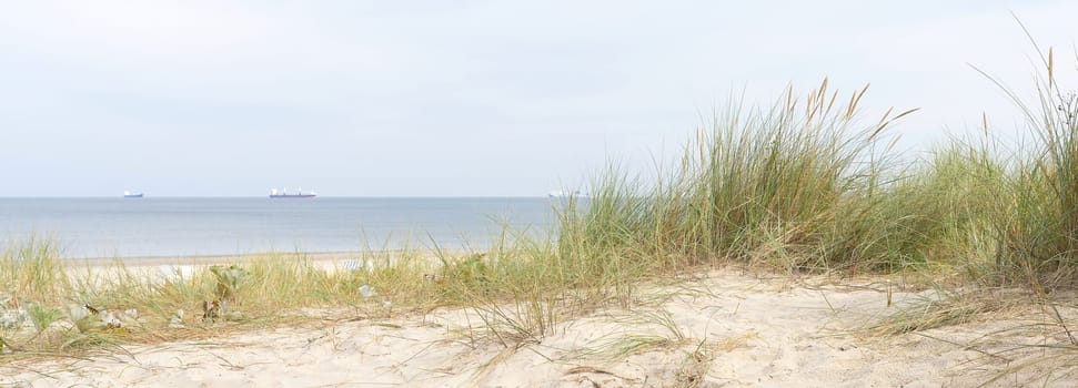 Beach near Swinoujscie on the island of Usedom on the Polish Baltic coast with ships in the background