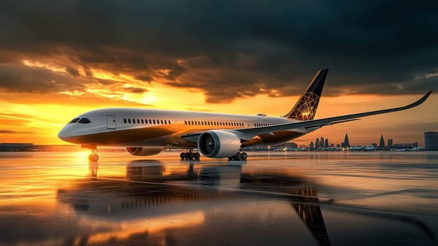 Side view of aircraft at the terminal at sunset..