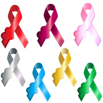 Set of 7 colorful metalique aspect ribbons with heart. Editable Vector Image