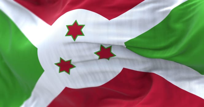 Close-up view of the Burundi national flag waving in the wind. The Republic of Burundi is a country located in the east Africa. Fabric textured background. Selective focus. Realistic 3d illustration