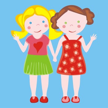 fully editable vector illustration of two little girls waving