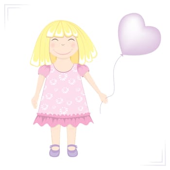 A little girl on a white background, holding a balloon. Greeting card. Vector illustration.