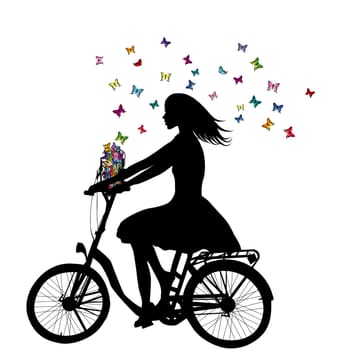 Abstract stylized silhouette of woman on a bicycle with butterflies