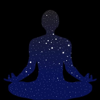 Man sits in a lotus position and meditates with pattern made of night sky with stars
