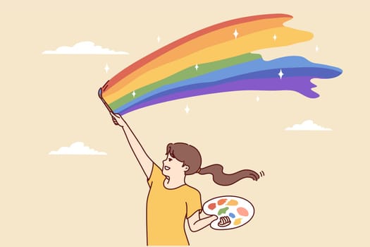 Happy teenage girl paints rainbow in sky with brush and palette with paints person to make nature better. Smiling schoolgirl in casual t-shirt rejoices in good weather. Flat vector design