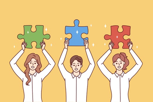 Man and women employees startup demonstrate jigsaw puzzles to show team work. Vector image
