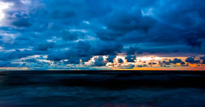 Dramatic sunset over Baltic Sea in Lubiatowo, Pomerania, Poland