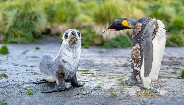 Natural paradise South Georgia - a king penguin in moult (APTENODYTES PATAGONICUS) curiously turns to look at a young Antarctic fur seal baby (Arctocephalus gazella)