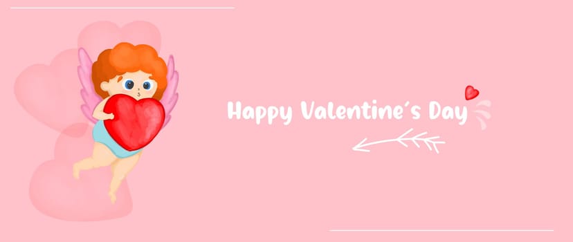 horizontal banner for Valentines Day. Cute cupid character with arrows and hearts. Valentines day poster