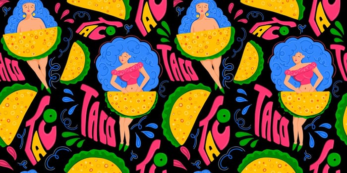 Taco. Mexican cuisine. Taco seamless pattern. Modern print for printing on T-shirts and postcards
