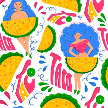 Taco. Mexican cuisine. Taco seamless pattern. Modern print for printing on T-shirts and postcards