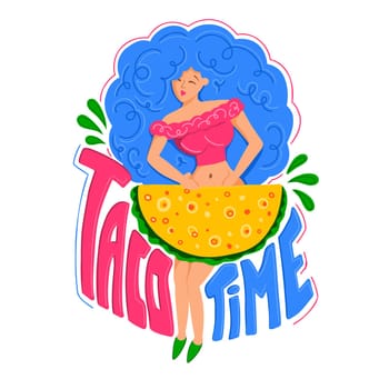 Taco. Mexican cuisine. Illustration of a girl and a taco. Modern print for printing on T-shirts and postcards