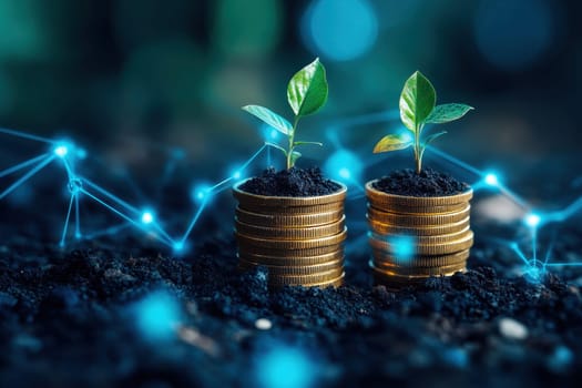 pile of golden coins symbolizes financial growth with small plant emerging from top representing on digital ai network..