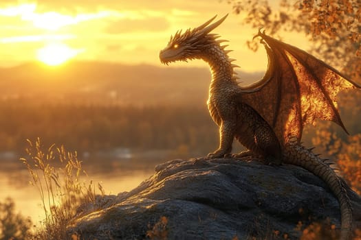 A dragon with shimmering scales spread its wings as it sat on a mountaintop at sunset.