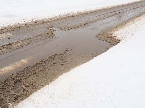 Snow, ice, slush and winter mud at a pedestrian crossing. The air temperature is about 0. Difficult driving conditions. Braking distance of the car. Traffic Laws. Infrastructure and road services.