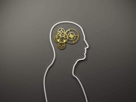 Intelligence, healthy mind, creativity concept. Golden clockwork mechanism inside a human silhoutte on gray background. Digital 3D rendering.