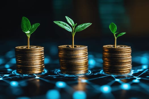 pile of golden coins symbolizes financial growth with small plant emerging from top representing on digital ai network..