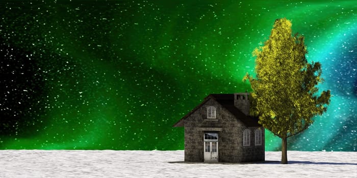 The 3d rendering of nice galaxy view with old house