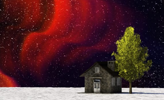 The 3d rendering of nice galaxy view with old house