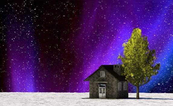 The 3d rendering of nice galaxy view with old house