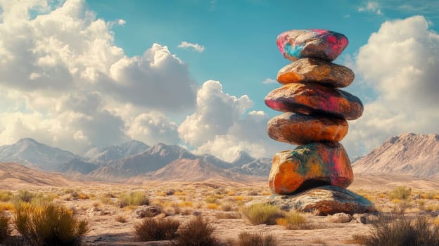 a mountain hill is lined with neatly stacked rounded boulders..
