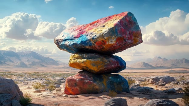 a mountain hill is lined with neatly stacked rounded boulders..