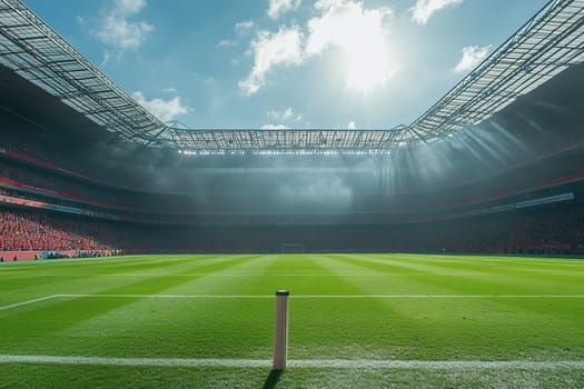 Empty outdoor football stadium with green field and blue sunny sky. The field is ready for the game. Concept of professional sport.