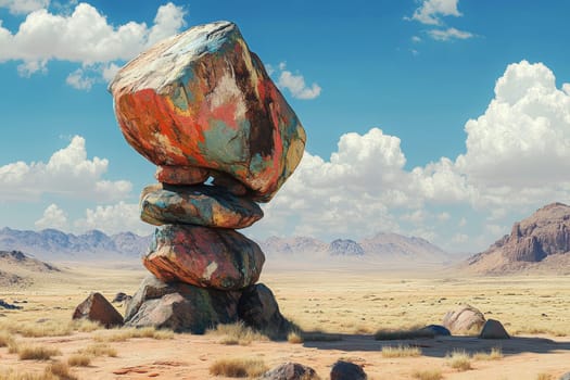 a mountain hill is lined with neatly stacked rounded boulders..