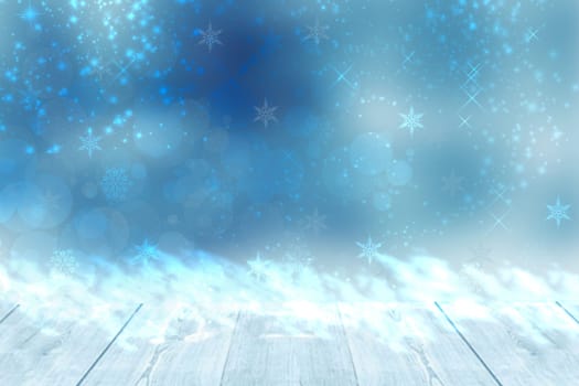 Empty wood floor. Empty rustic wooden table top with snow over abstract light blue winter backdrop with stars. New Year or Christmas template for your product display montage.