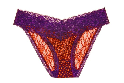 Underwear woman isolated. Close-up of luxurious elegant pink lacy thongs panties with colorful orange stars pattern isolated. Clipping path. Macro. Underwear fashion.