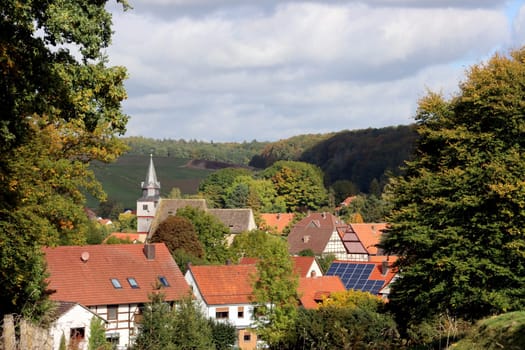 Blick auf Gottbueren im Reinhardswald, Hessen, Deutschland, Trendelburg