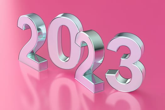 Happy New Year 2023, metal numbers on shiny pink background