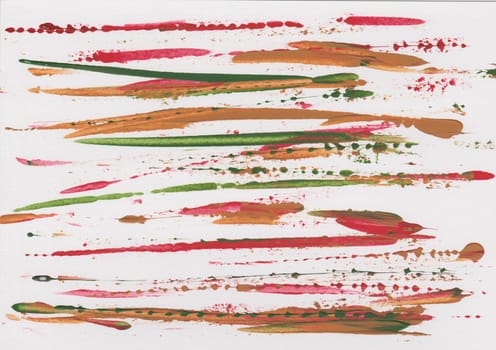 Brush strokes with acrylic paint in crimson red, grass green and ocher
