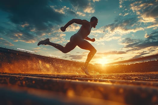 Male athlete running on stadium putting in great effort on bokeh background in evening. Concept of sport, competition.