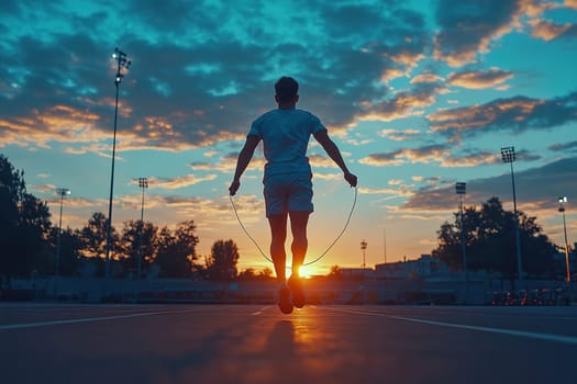 Young man jumping rope late in the evening at the stadium