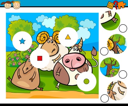 Cartoon Illustration of Match the Pieces Educational Game for Preschool Children