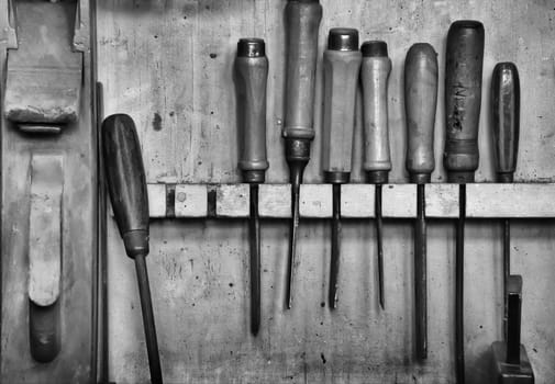 old tools in a carpentry workshop