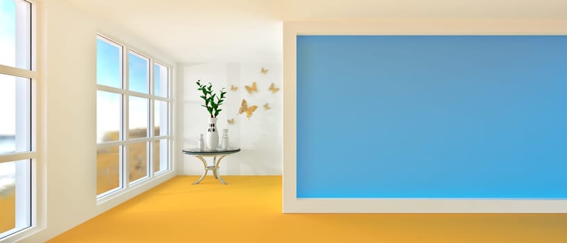 Empty sunny stylish minimalist modern room with three jugs and coffee table. 3D rendering.