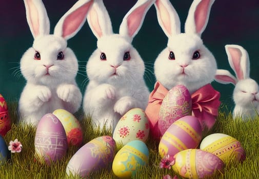 Easter bunny or rabbit family, spring meadow with colorful eggs flowers, holiday greeting card