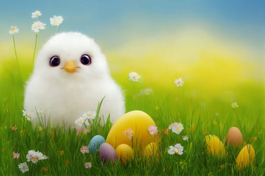 Easter chick, spring meadow with colorful eggs and flowers, holiday greeting card