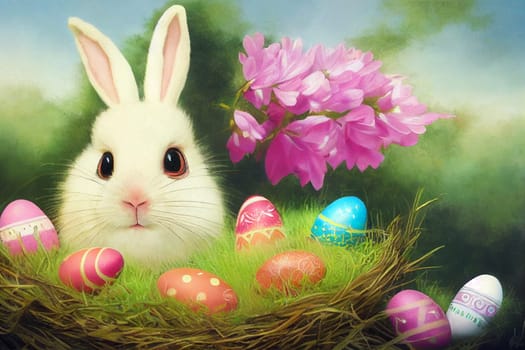 Easter bunny or rabbit, spring meadow with colorful eggs in a nest and flowers, holiday greeting card, illustration