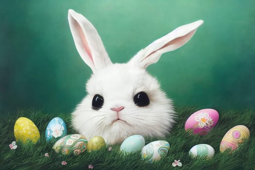 Easter bunny or rabbit, spring meadow with colorful eggs in a nest and flowers, holiday greeting card, illustration