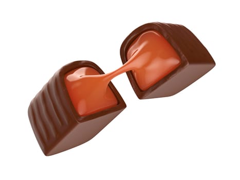 Dark chocolate bonbon with caramel filling inside