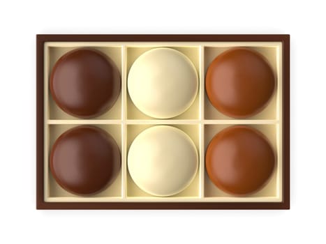 Box with different chocolate coated marshmallows, top view