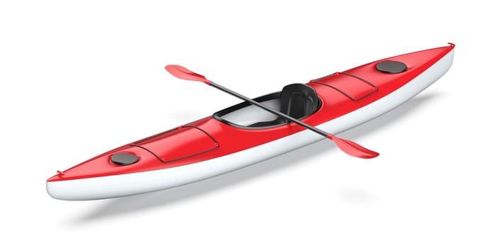 Red plastic kayak with paddle on white background
