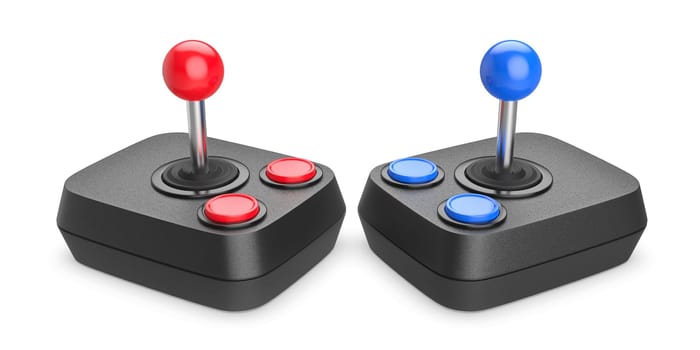Two vintage computer joysticks on white background